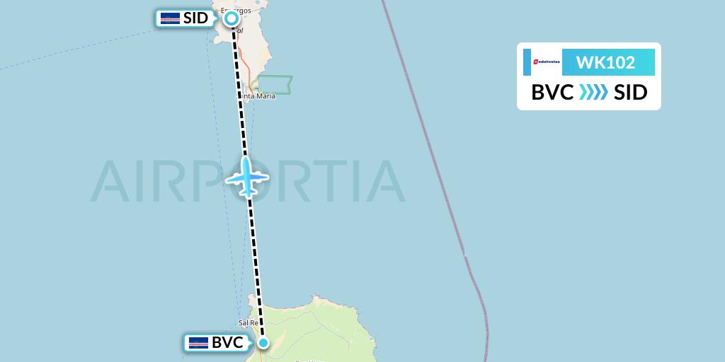 WK102 Edelweiss Air Flight Map: Boa Vista to Espargos