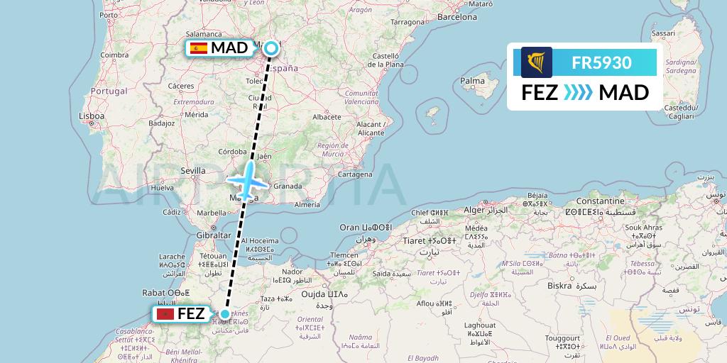 FR5930 Ryanair Flight Map: Fes to Madrid