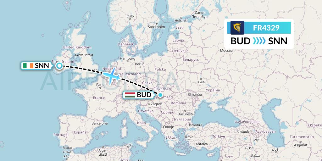 FR4329 Ryanair Flight Map: Budapest to Shannon