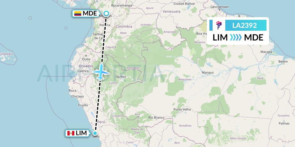 LA2392 LAN Airlines Flight Map: Lima to Medellin