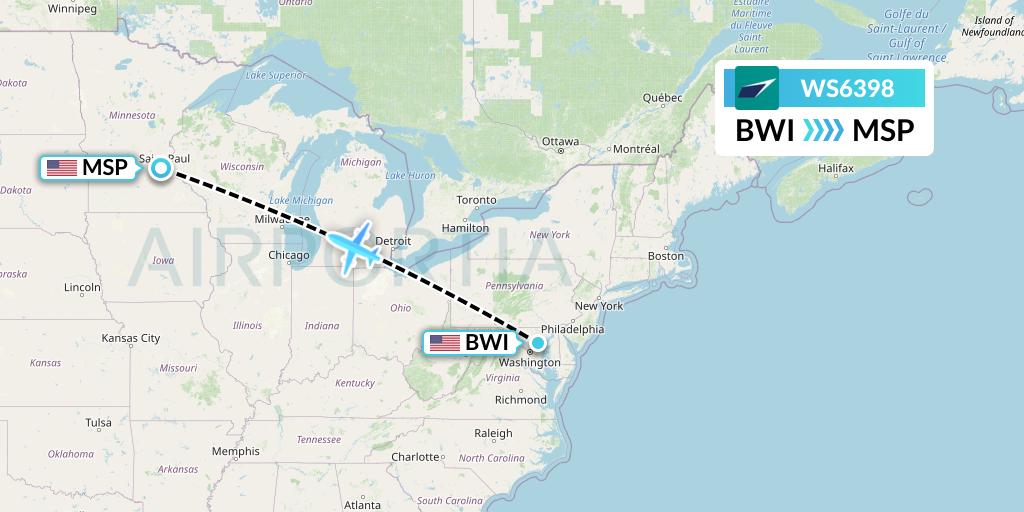 WS6398 WestJet Flight Map: Baltimore to Minneapolis