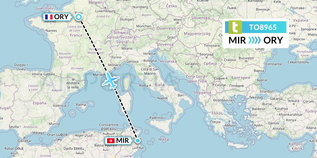 TO8965 Transavia France Flight Map: Monastir to Paris
