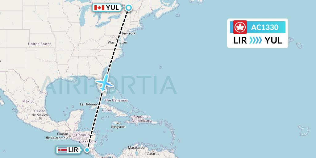 AC1330 Air Canada Flight Map: Liberia to Montreal