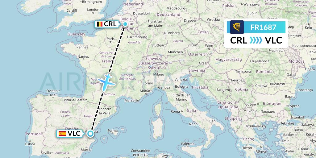 FR1687 Ryanair Flight Map: Brussels to Valencia