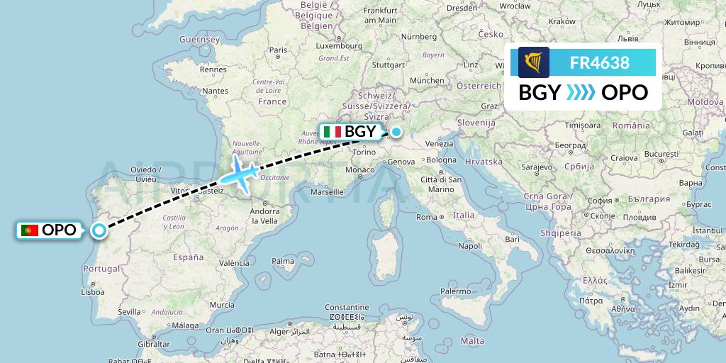 FR4638 Ryanair Flight Map: Milan to Porto