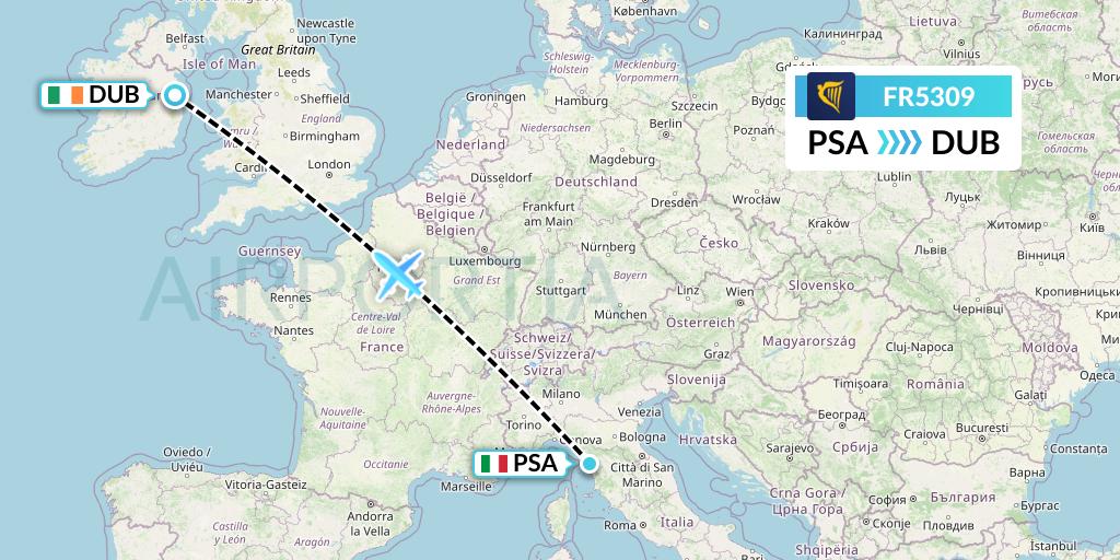 FR5309 Ryanair Flight Map: Pisa to Dublin