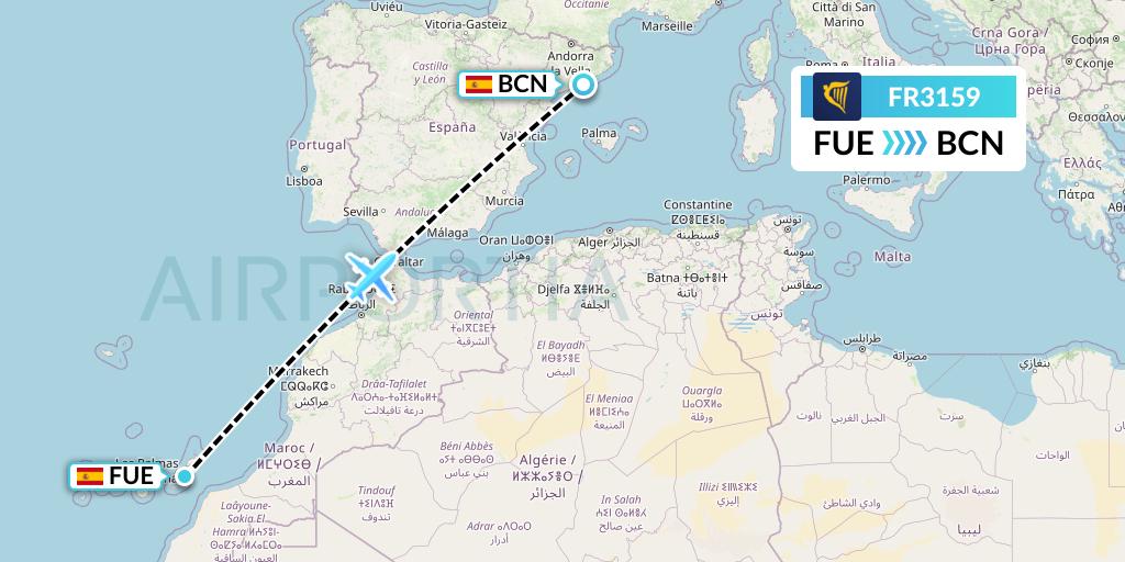 FR3159 Ryanair Flight Map: Fuerteventura to Barcelona