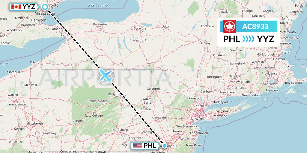 AC8933 Air Canada Flight Map: Philadelphia to Toronto