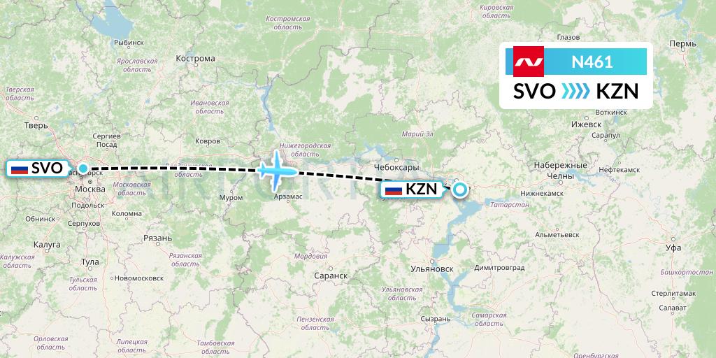 N461 Nordwind Airlines Flight Map: Moscow to Kazan