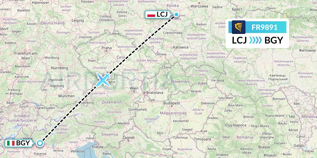 FR9891 Ryanair Flight Map: Lodz to Milan