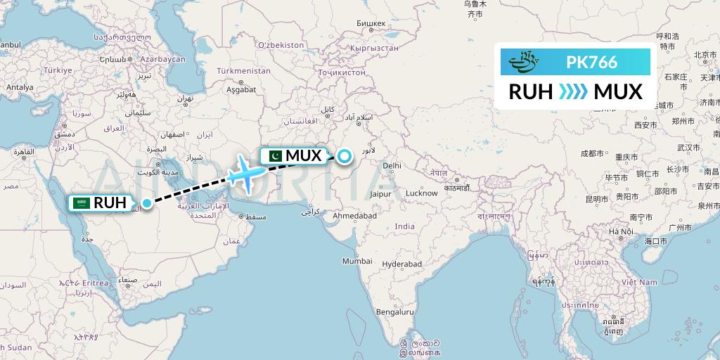 PK766 Pakistan International Airlines Flight Map: Riyadh to Multan