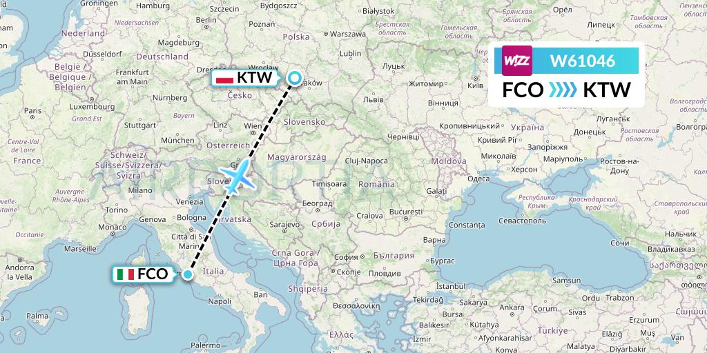W61046 Wizz Air Flight Map: Rome to Katowice