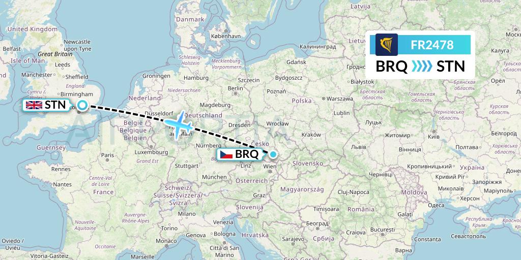 FR2478 Ryanair Flight Map: Brno to London