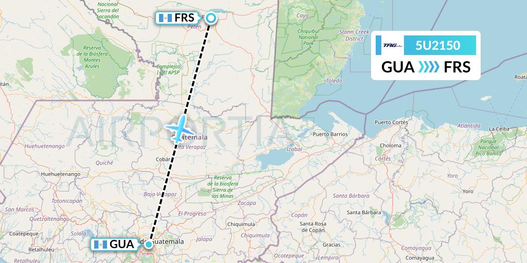 5U2150 TAG Airlines Flight Map: Guatemala City to Flores