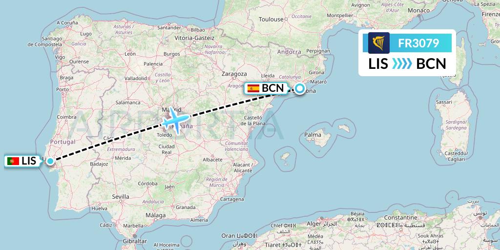 FR3079 Ryanair Flight Map: Lisbon to Barcelona