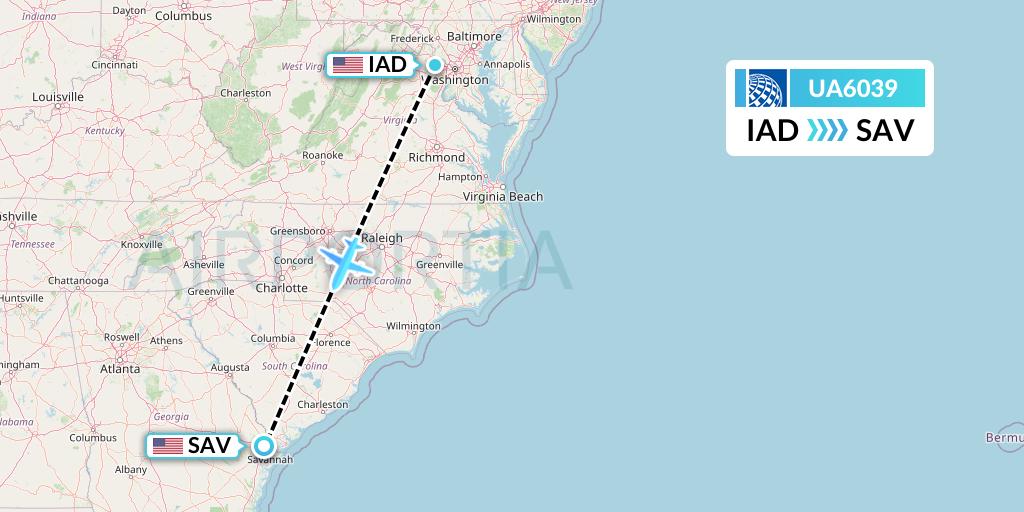 UA6039 United Airlines Flight Map: Washington to Savannah