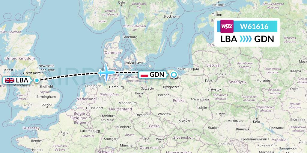 W61616 Wizz Air Flight Map: Leeds to Gdansk