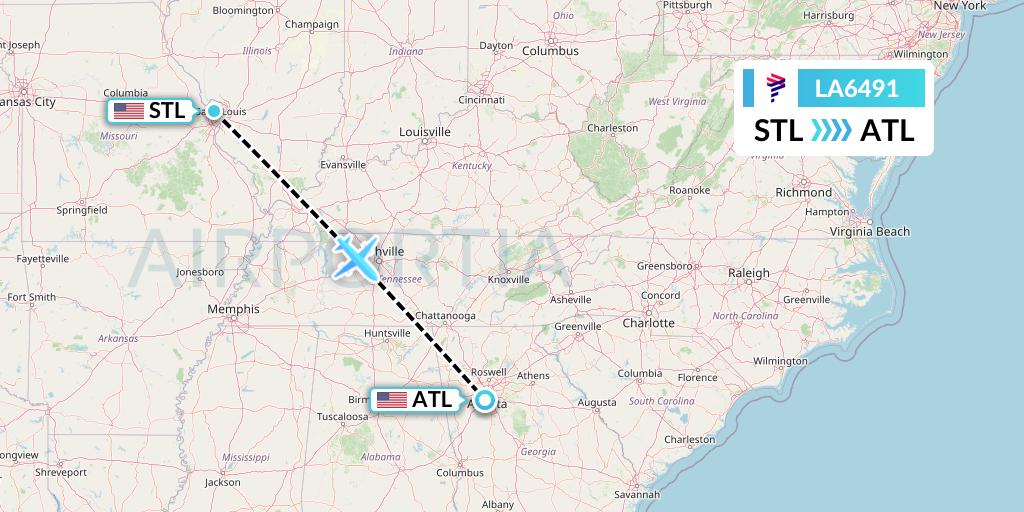 LA6491 LAN Airlines Flight Map: St. Louis to Atlanta