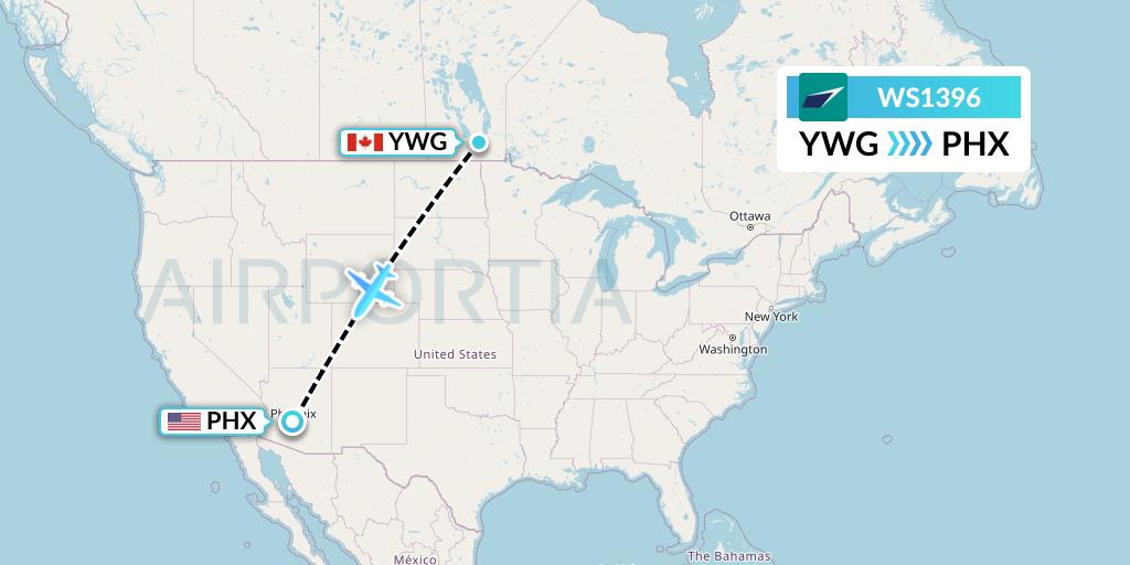 WS1396 WestJet Flight Map: Winnipeg to Phoenix