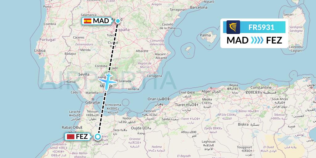 FR5931 Ryanair Flight Map: Madrid to Fes