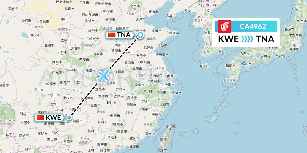 CA4962 Air China Flight Map: Guiyang to Jinan