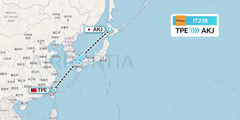 IT238 Tigerair Taiwan Flight Map: Taipei to Asahikawa