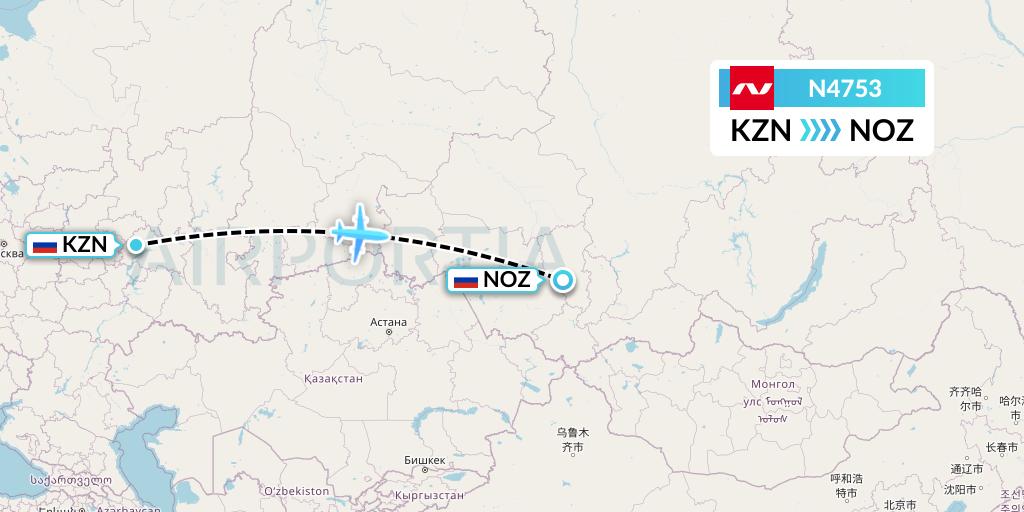 N4753 Nordwind Airlines Flight Map: Kazan to Novokuznetsk