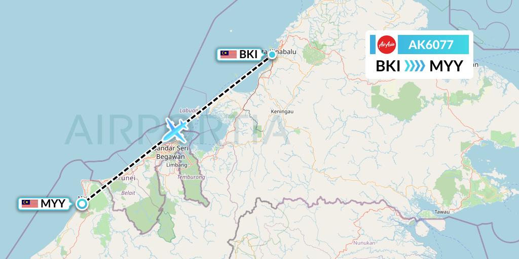 AK6077 AirAsia Flight Map: Kota Kinabalu to Miri