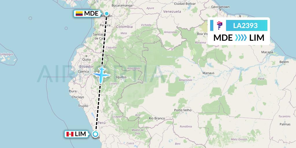 LA2393 LAN Airlines Flight Map: Medellin to Lima