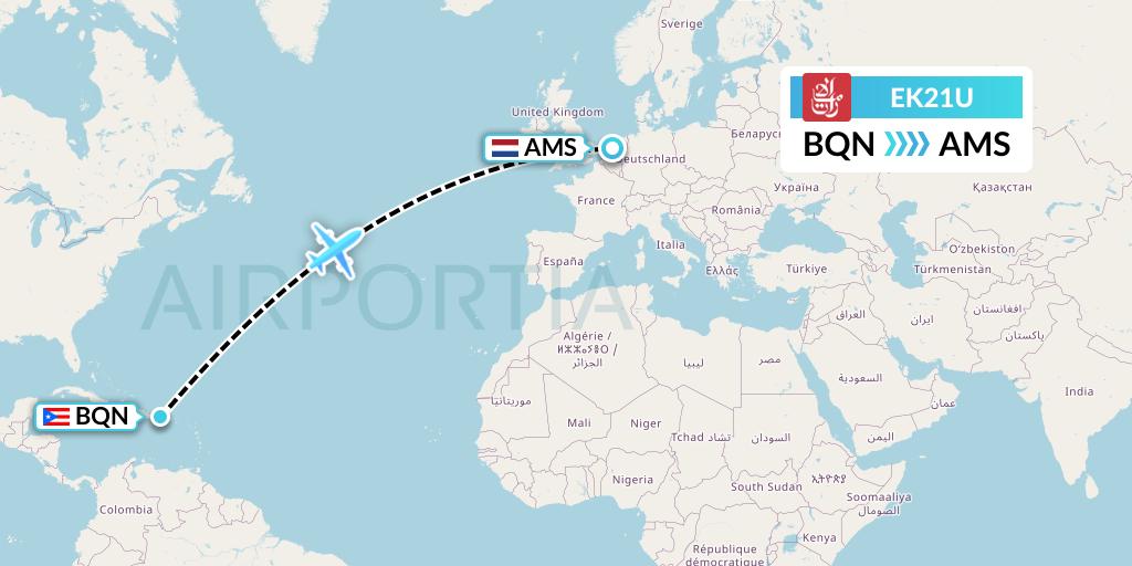 EK21U Emirates Flight Map: Aguadilla to Amsterdam