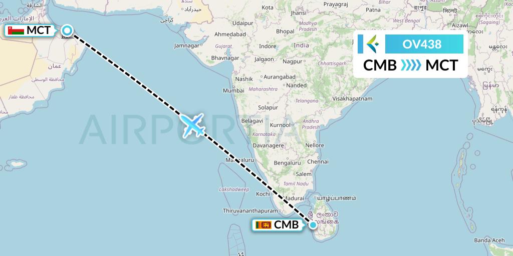OV438 SalamAir Flight Map: Colombo to Muscat