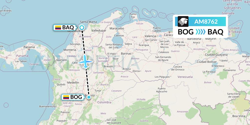 AM8762 Aeromexico Flight Map: Bogota to Barranquilla