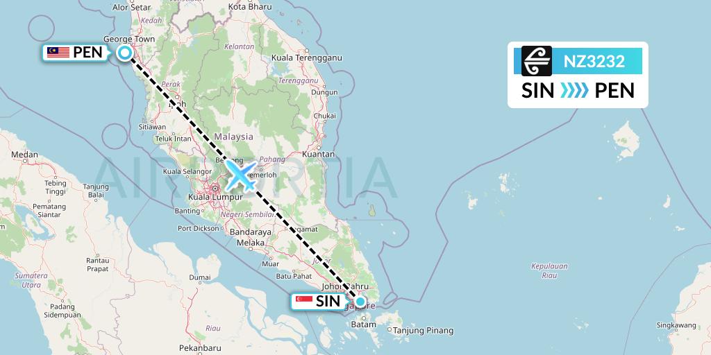 NZ3232 Air New Zealand Flight Map: Singapore to Penang