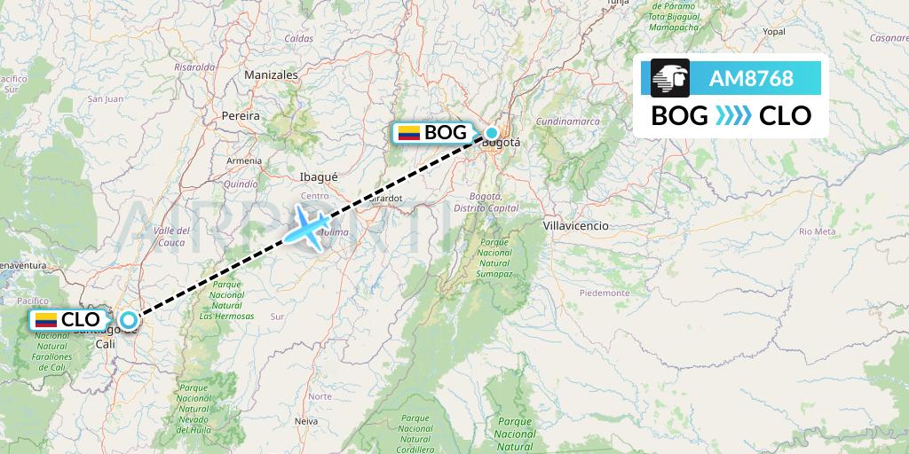AM8768 Aeromexico Flight Map: Bogota to Cali