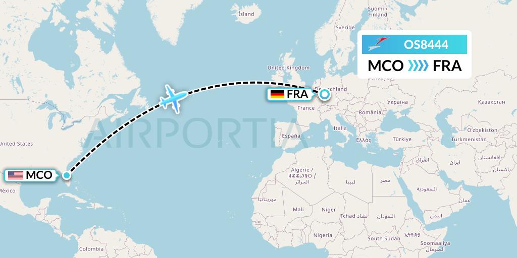OS8444 Austrian Airlines Flight Map: Orlando to Frankfurt