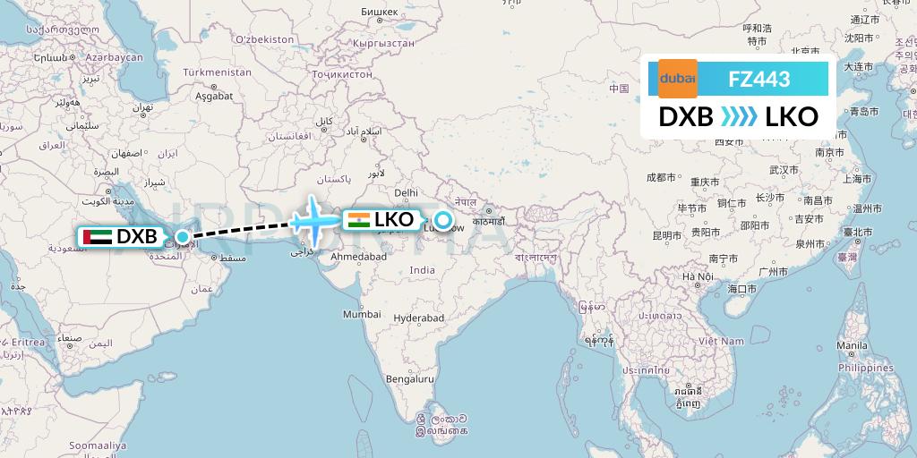 FZ443 FlyDubai Flight Map: Dubai to Lucknow