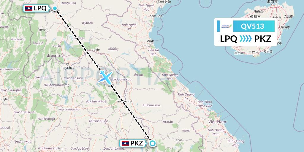 QV513 Lao Airlines Flight Map: Luang Prabang to Pakse