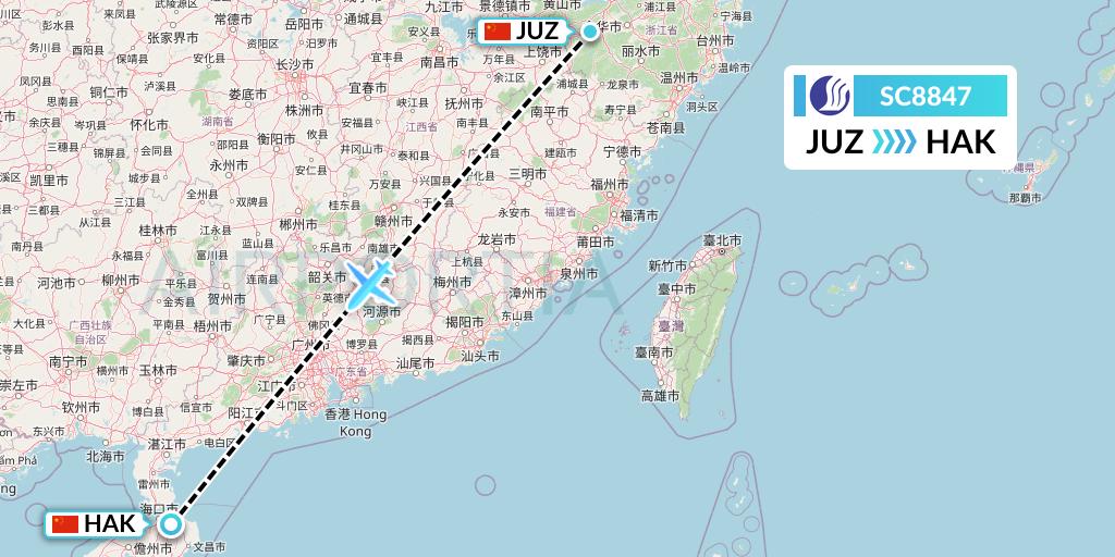 SC8847 Shandong Airlines Flight Map: Quzhou to Haikou