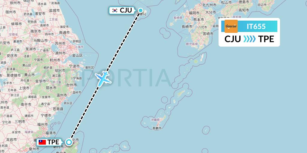 IT655 Tigerair Taiwan Flight Map: Jeju to Taipei