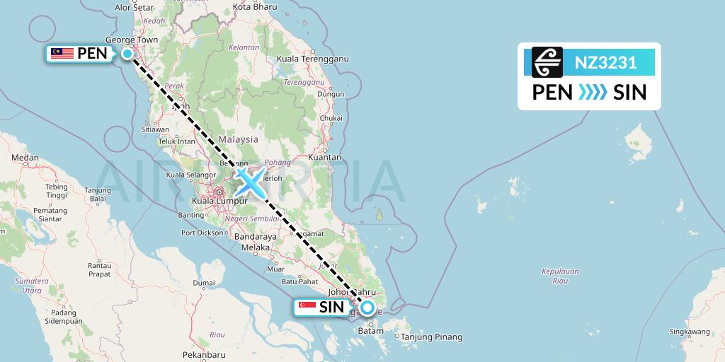NZ3231 Air New Zealand Flight Map: Penang to Singapore