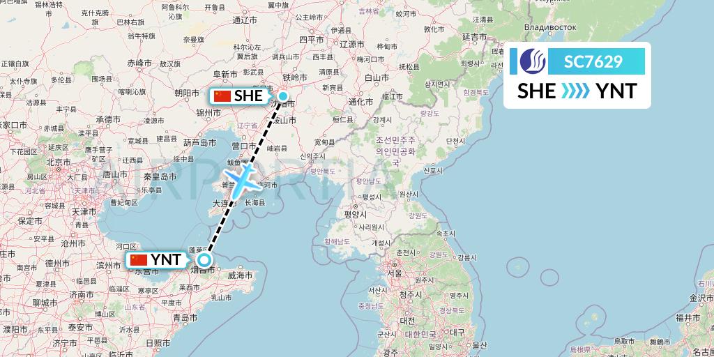 SC7629 Shandong Airlines Flight Map: Shenyang to Yantai