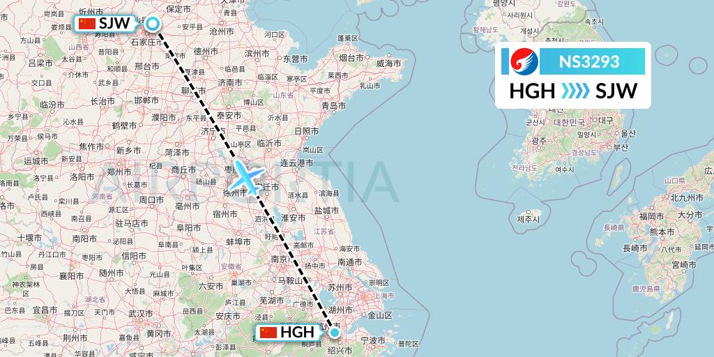 NS3293 Hebei Airlines Flight Map: Hangzhou to Shijiazhuang