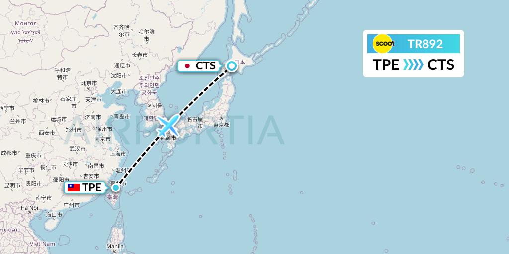 TR892 Tigerair Flight Map: Taipei to Sapporo