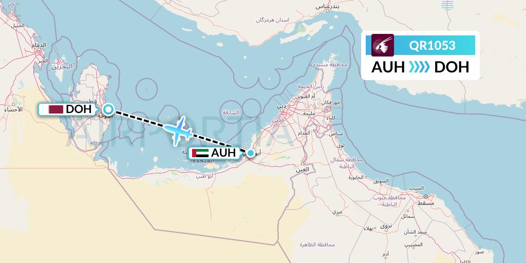 QR1053 Qatar Airways Flight Map: Abu Dhabi to Doha