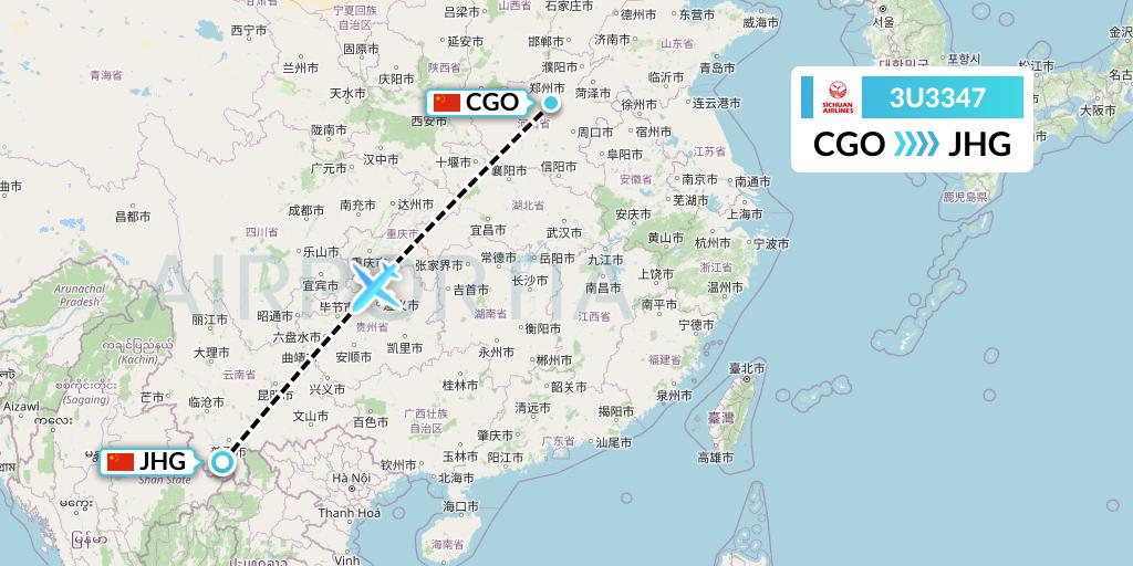 3U3347 Sichuan Airlines Flight Map: Zhengzhou to Jinghong