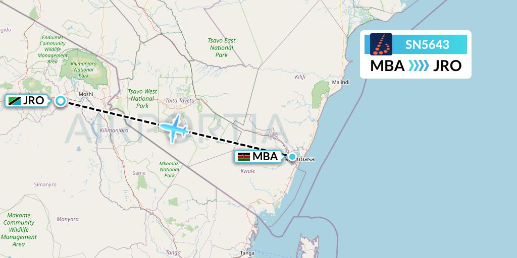 SN5643 Brussels Airlines Flight Map: Mombasa to Kilimanjaro