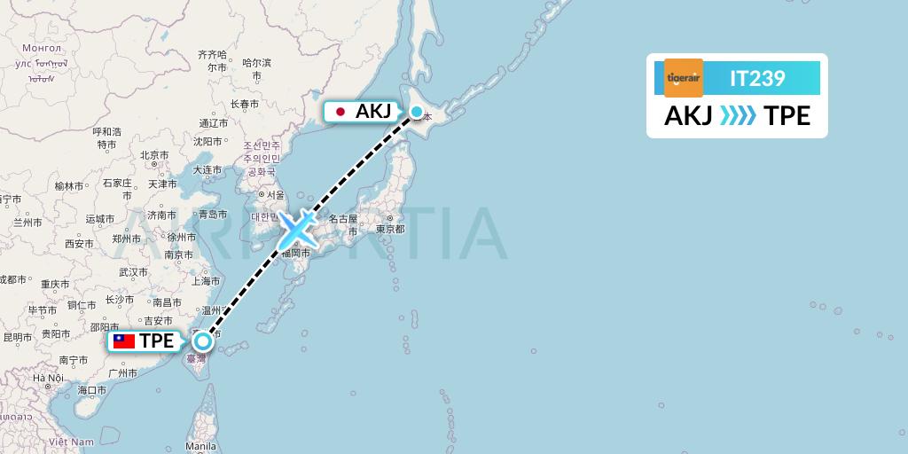 IT239 Tigerair Taiwan Flight Map: Asahikawa to Taipei