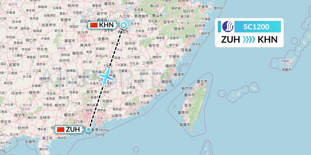 SC1200 Shandong Airlines Flight Map: Zhuhai to Nanchang