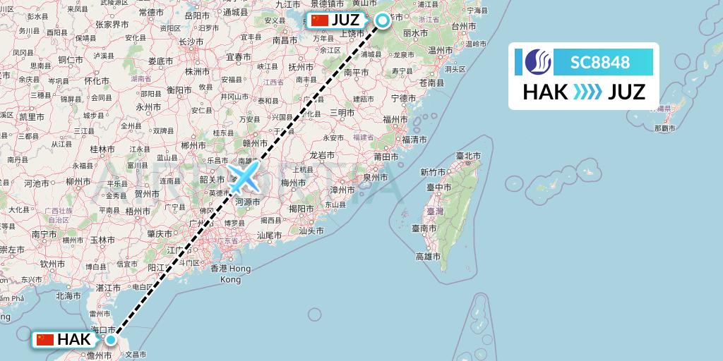 SC8848 Shandong Airlines Flight Map: Haikou to Quzhou