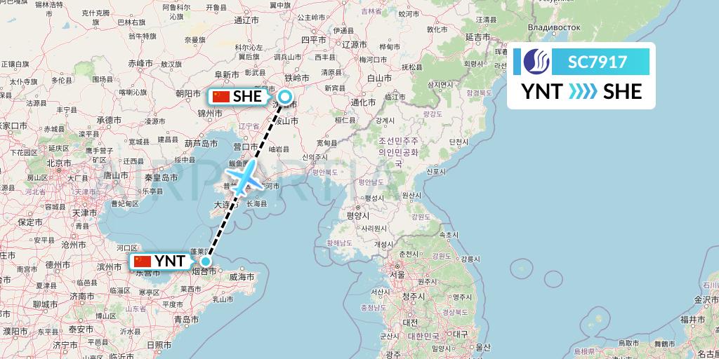 SC7917 Shandong Airlines Flight Map: Yantai to Shenyang